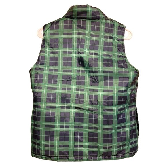 Merona Women's Size Medium Reversible Puffer Vest Green Blue Plaid Holiday Zip - Picture 4 of 9